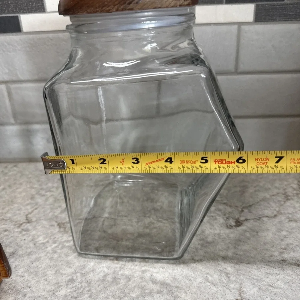 Vtg Glass 3 Canister Set Blue Heart Wood Top Counter Rack Farmhouse Kitchen
